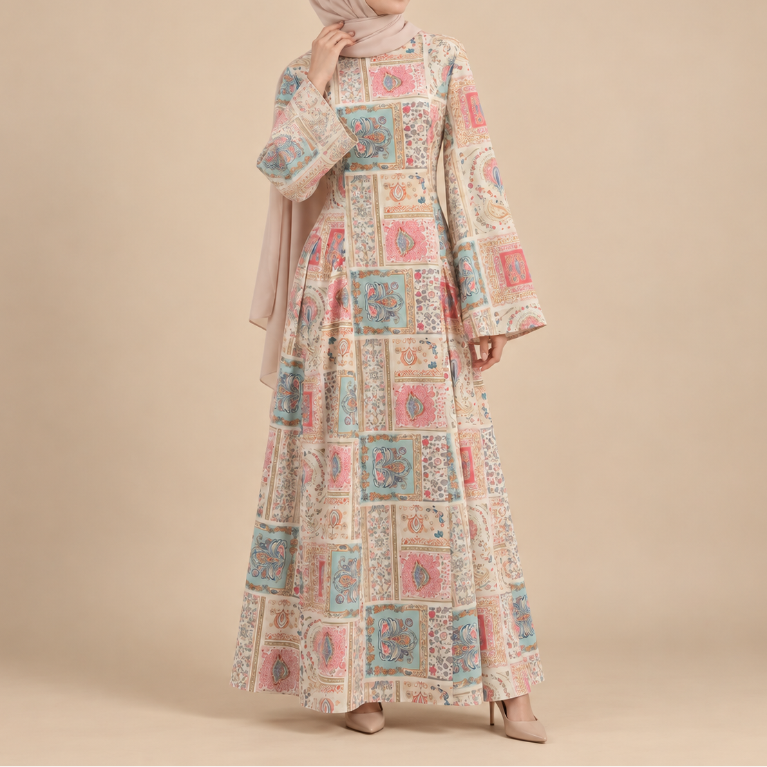 Aylin Printed Cotton Back-Tie Modest Maxi Dress in pink and blue print, 100% cotton fully lined hijabi maxi dress