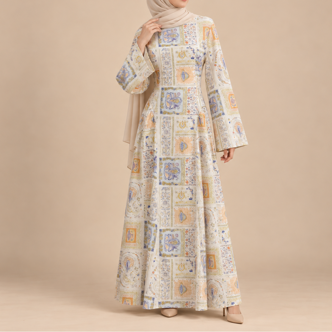 Aylin Printed Cotton Back-Tie Modest Maxi Dress in blue and yellow print, 100% cotton fully lined modest maxi dress