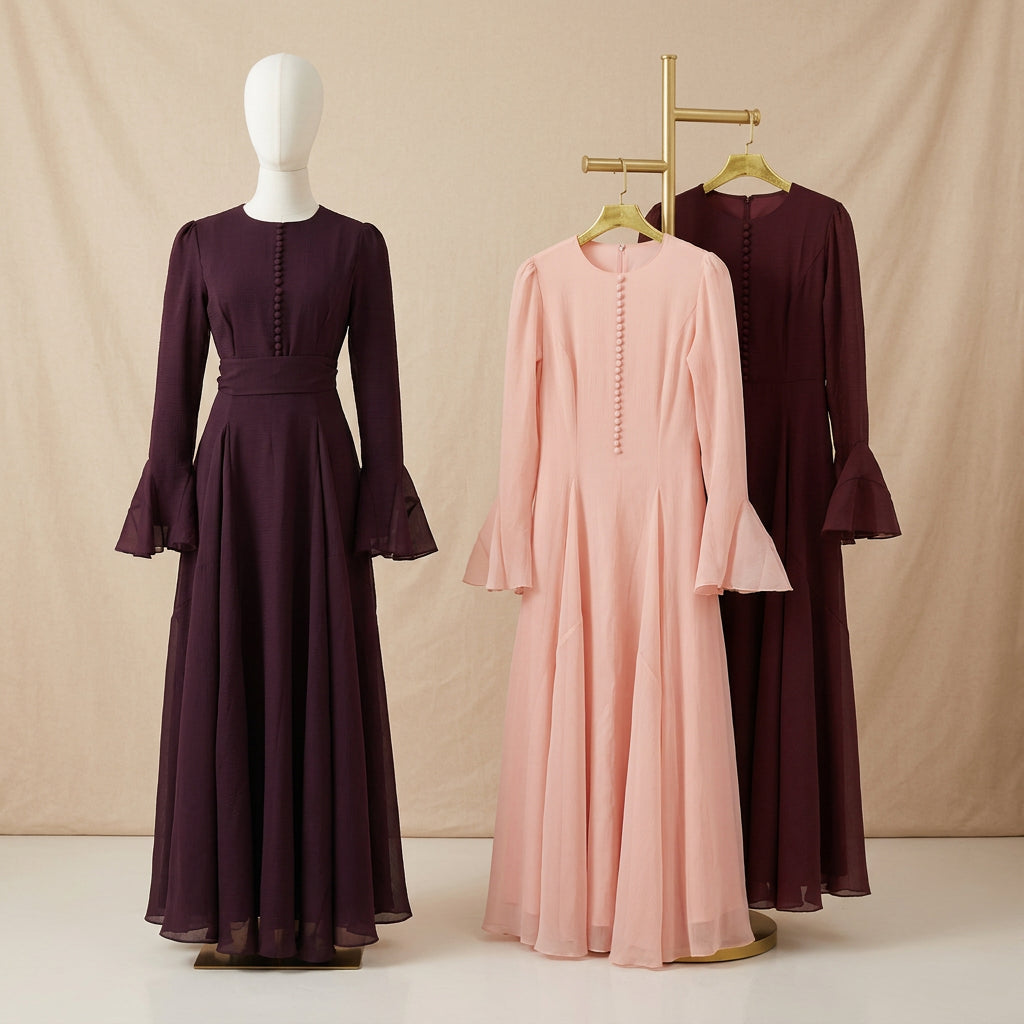 Three long flowing dresses displayed indoors: a dark plum dress on a mannequin, a light blush pink dress on a hanger, and a darker burgundy dress hanging behind on a gold rack.
