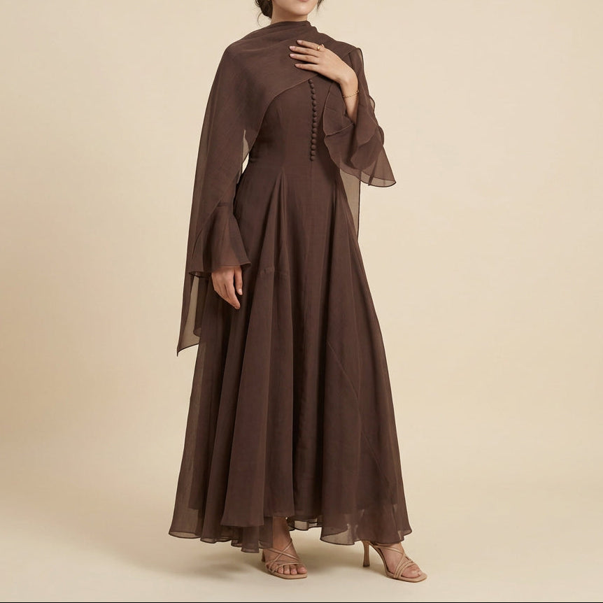 Belle Flare-Cuff Button-Detail Maxi Dress