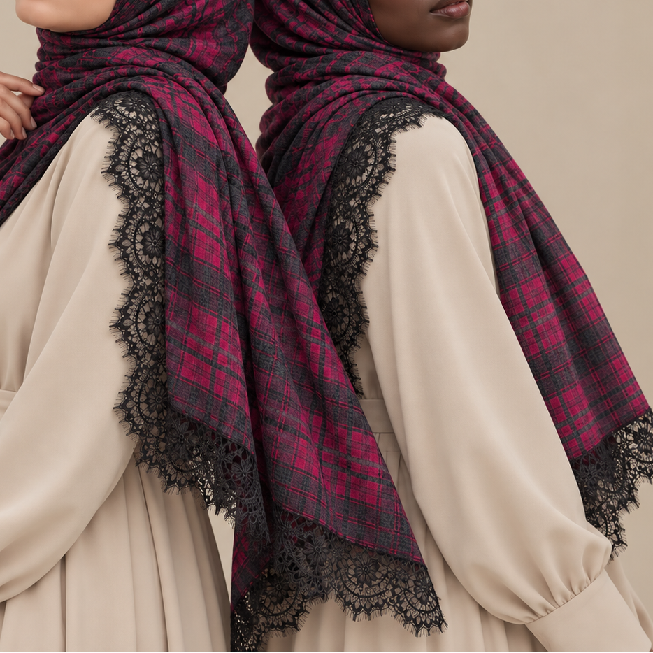 Hijab modal en dentelle à carreaux Berry