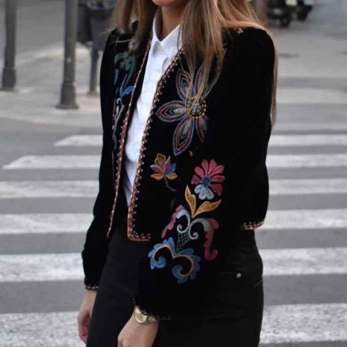 Black velvet embroidered blazer for women-Vintage style - Try Modest Limited