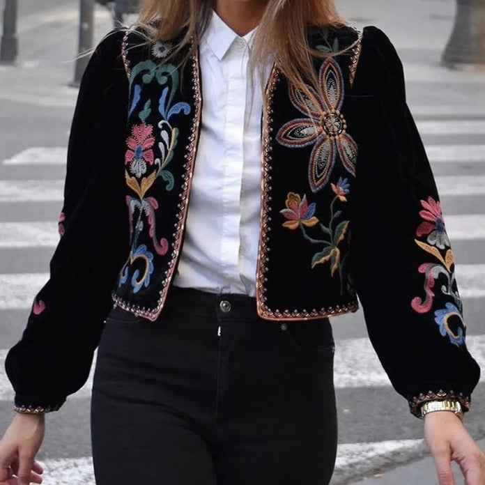 Black velvet embroidered blazer for women-Vintage style - Try Modest Limited