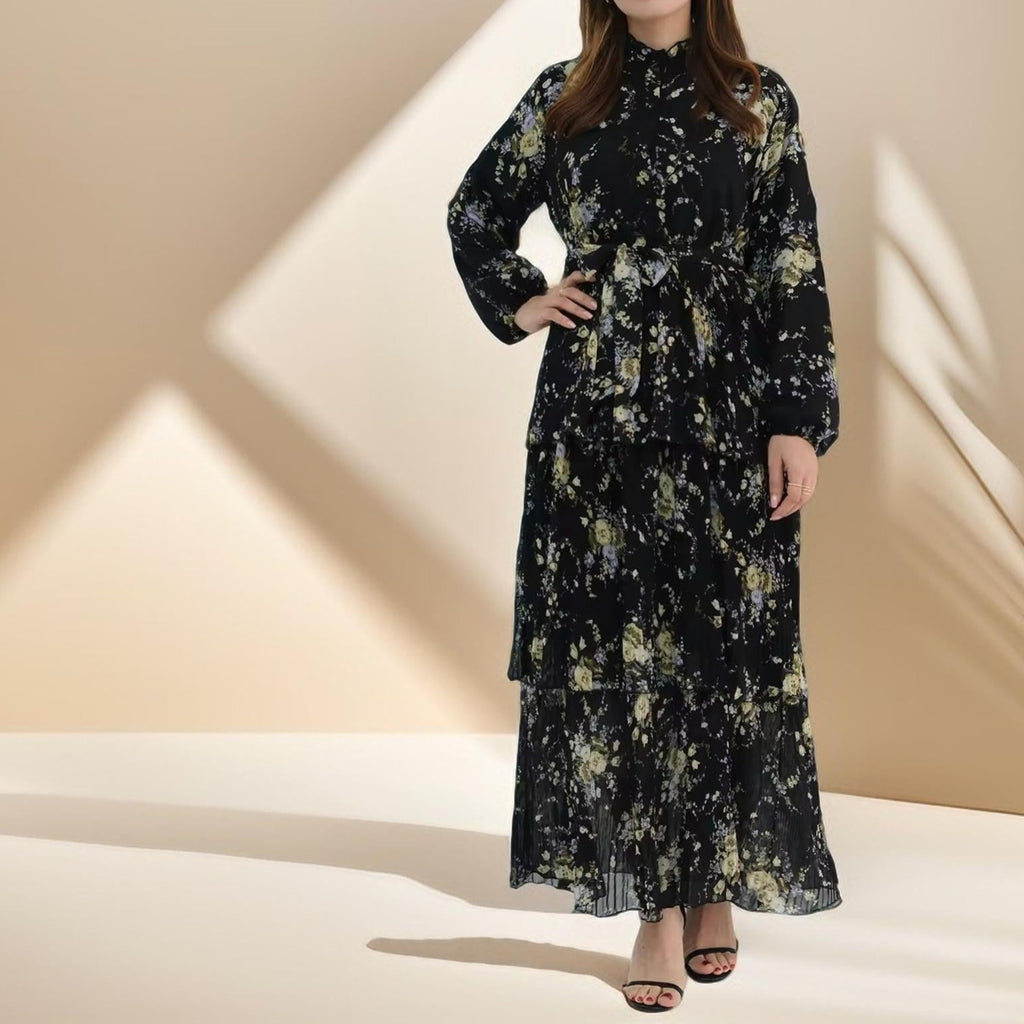 Blooming Breeze three-layer black chiffon dress - Try Modest Limited