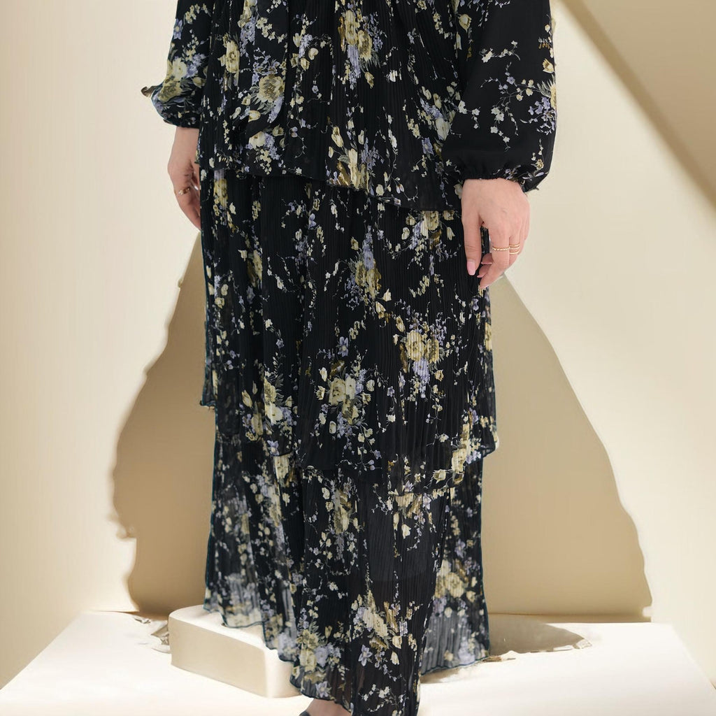 Blooming Breeze three-layer black chiffon dress - Try Modest Limited