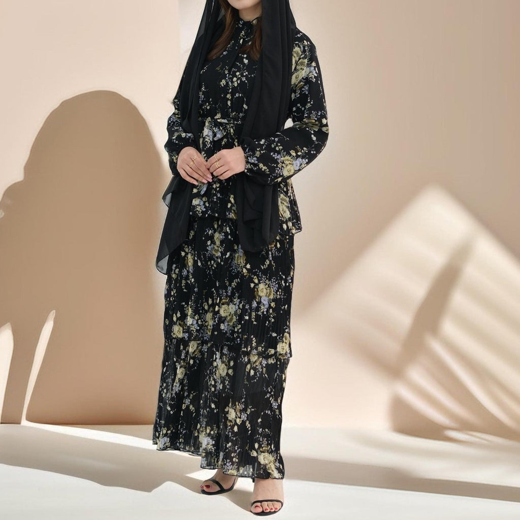 Blooming Breeze three-layer black chiffon dress - Try Modest Limited