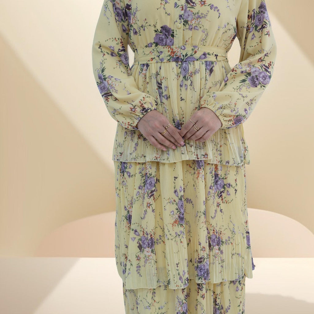 Blooming Breeze three-layer yellow chiffon dress - Try Modest Limited