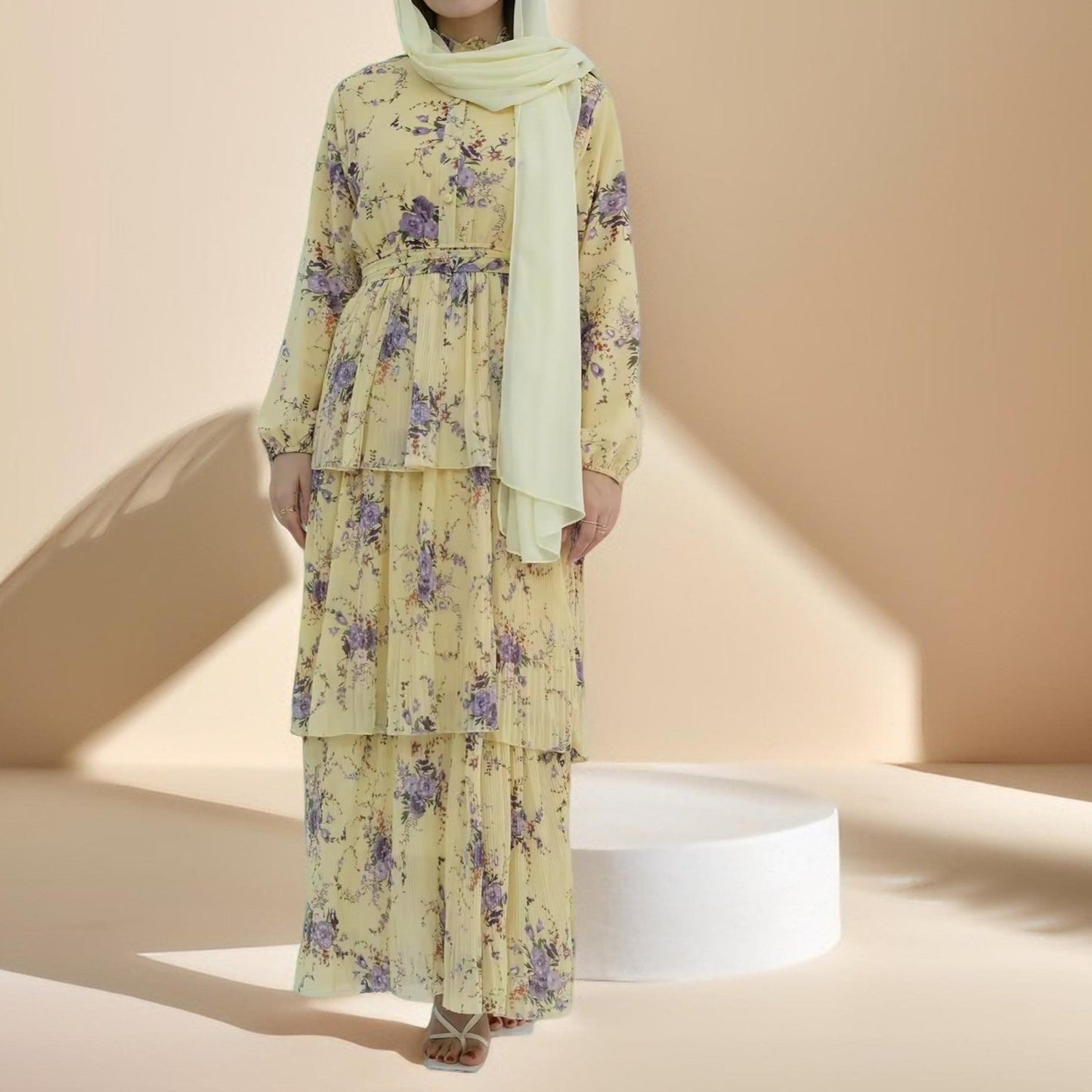 Blooming Breeze three-layer yellow chiffon dress - Try Modest Limited 