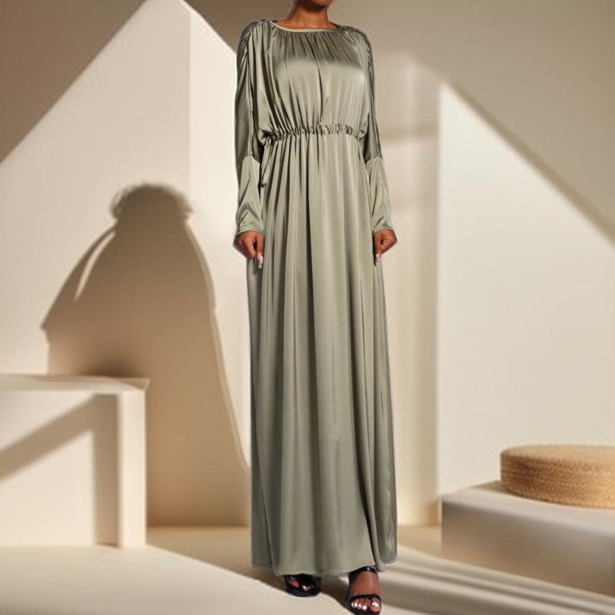 Boat Neck Silky Maxi Dress with Raglan Sleeves - Try Modest Limited