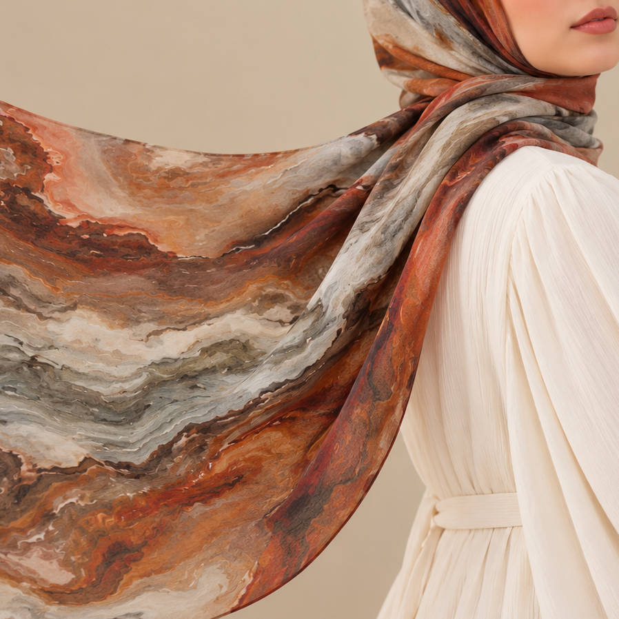 A woman wearing a cream-colored dress and a patterned hijab scarf with a marbled design in rust, brown, gray, and beige, posed against a solid beige background.