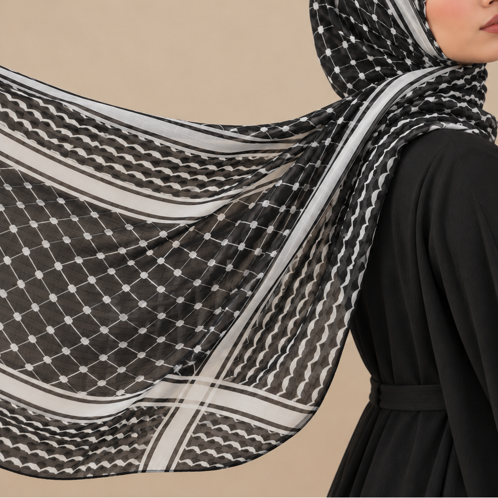 A woman wearing a black and white patterned keffiyeh headscarf and a black abaya, posed against a solid beige background.
