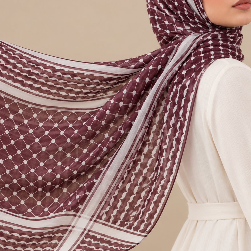 A woman wearing a white long-sleeve dress models a maroon and white patterned keffiyeh headscarf draped elegantly against a solid beige background.
