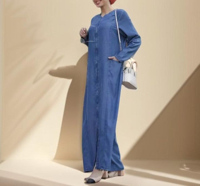 Denim Full Front zipper Stylish Abaya - Try Modest Limited