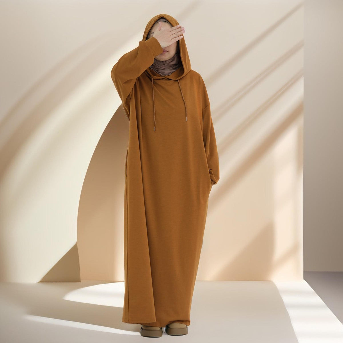 jersey abaya dress Elegant Beige Cotton Jersey Abaya Dress with Khimar Hijab
