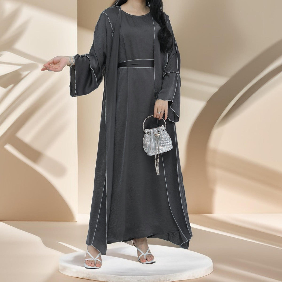 abaya elegant dress with belt Elegant Mint Green V-Neck Swing Flowy A-Line Maxi Dress with Bell Sleeves & Embellished Belt Abaya (MA189)