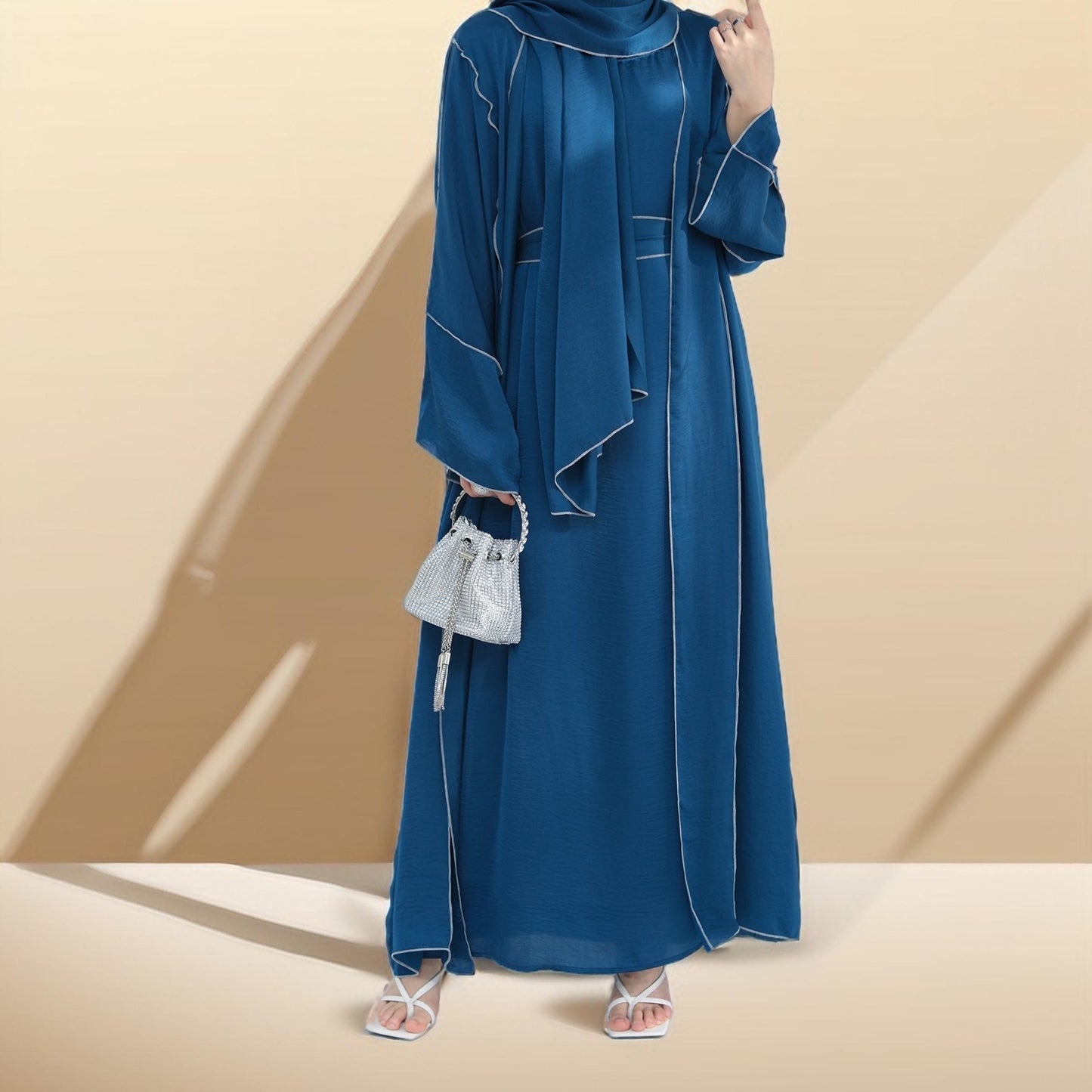 Elegant Wrinkle Satin Abaya Set with detachable belt - Try Modest Limited 