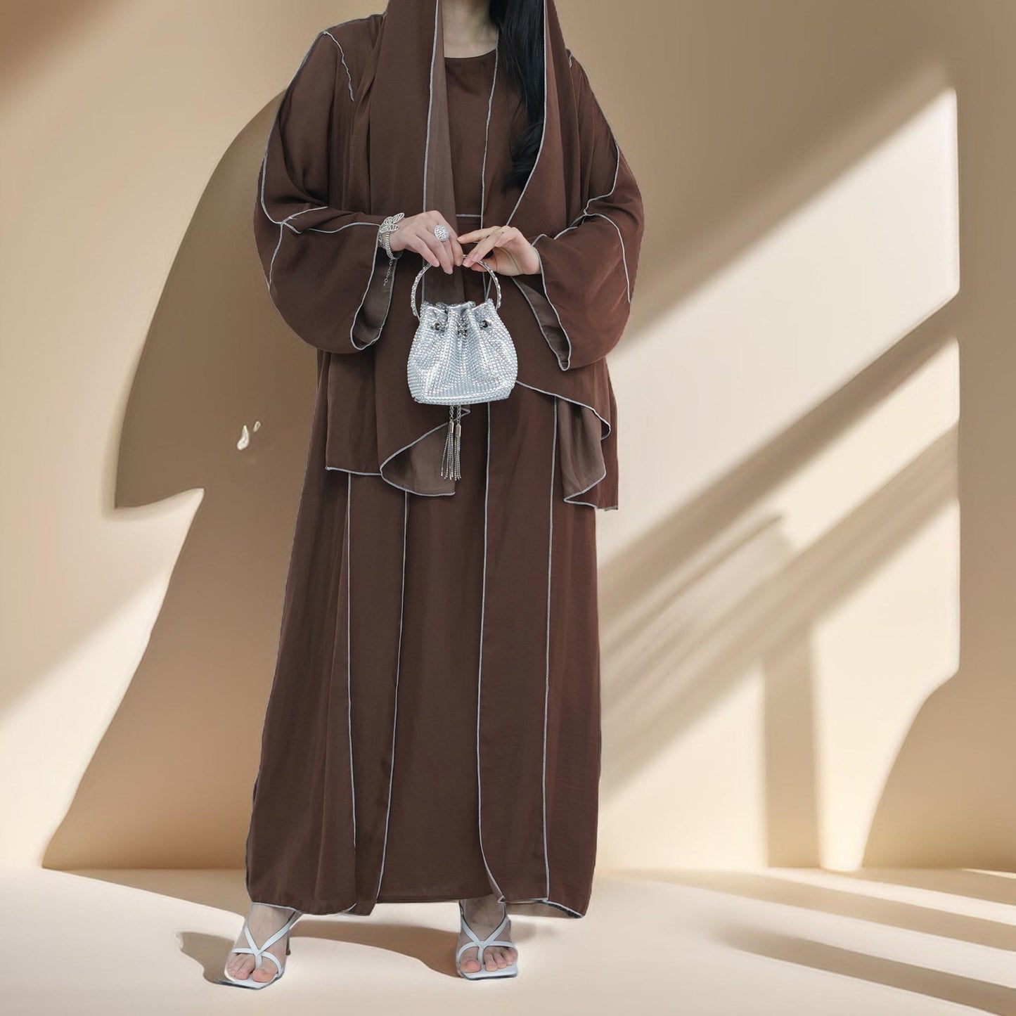 Elegant Wrinkle Satin Abaya Set with detachable belt - Try Modest Limited 