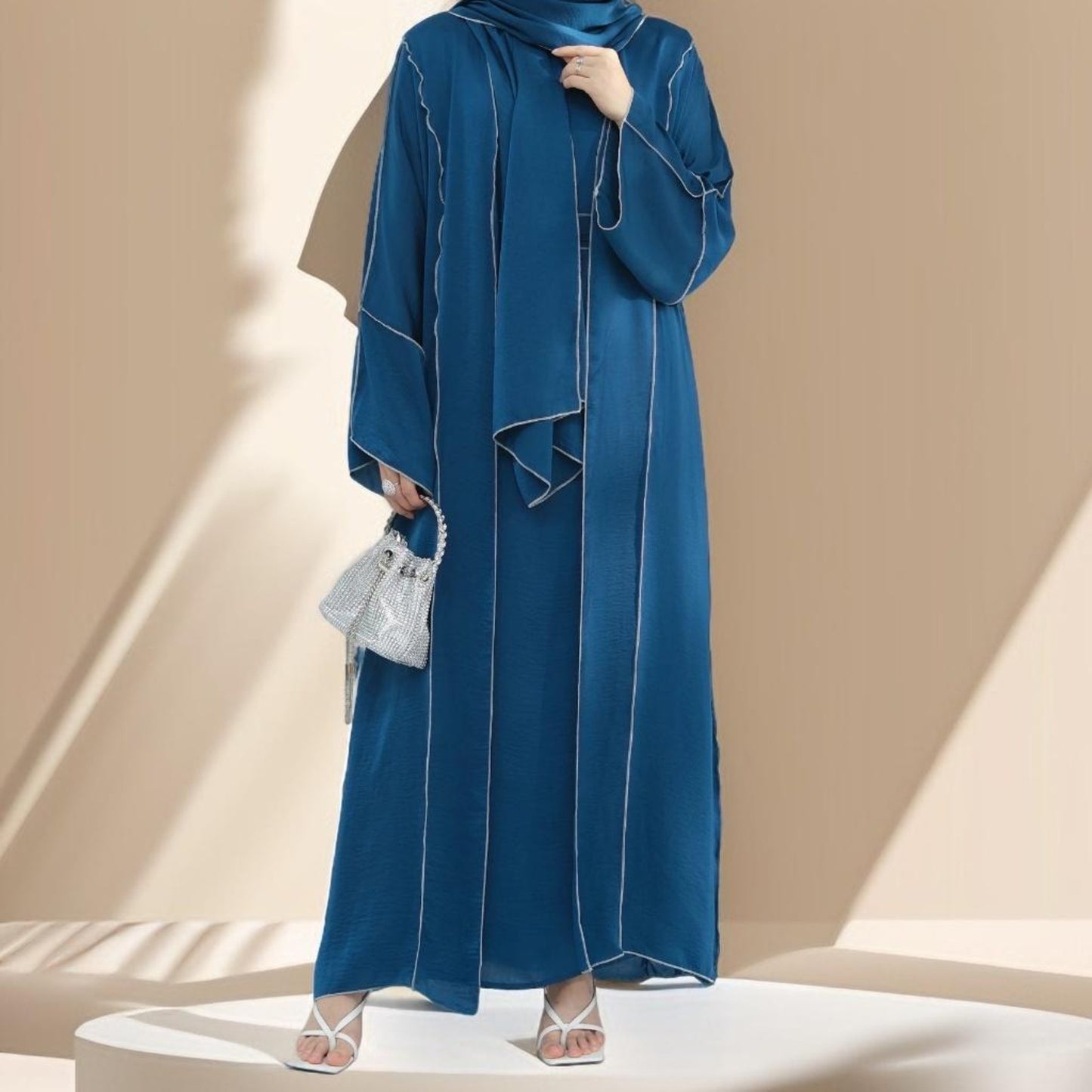 Elegant Wrinkle Satin Abaya Set with detachable belt - Try Modest Limited 