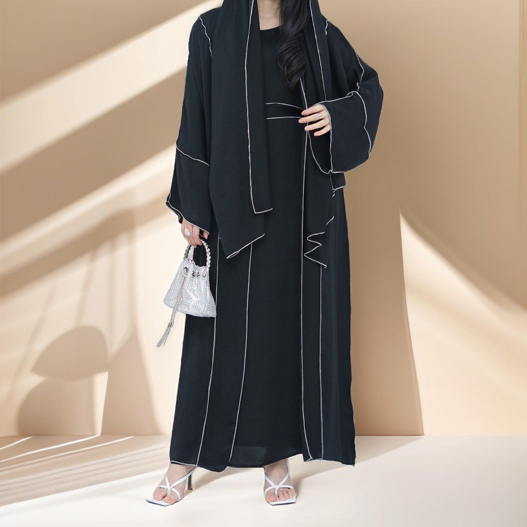 Elegant Wrinkle Satin Abaya Set with detachable belt - Try Modest Limited 