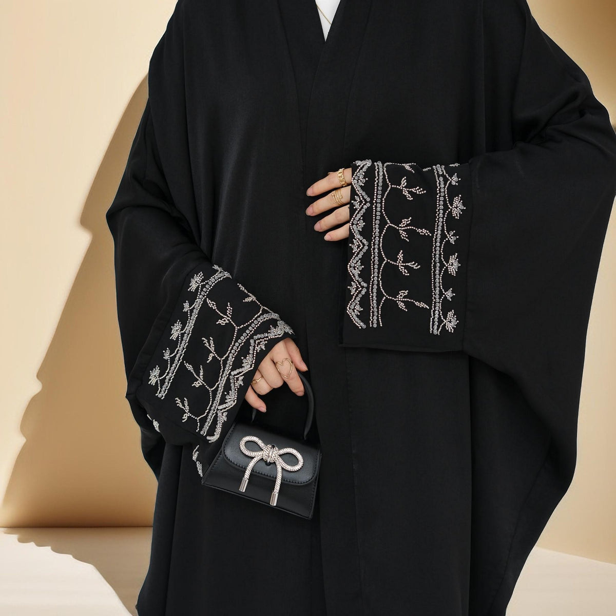 Ellaa Luxe Beaded Sleeve Abaya – Front Open Elegance - Try Modest Limited