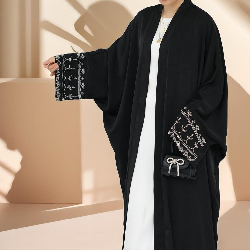 Ellaa Luxe Beaded Sleeve Abaya – Front Open Elegance - Try Modest Limited