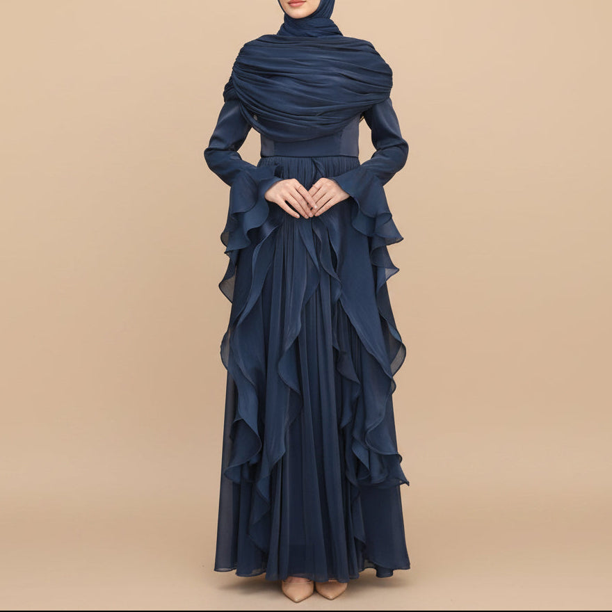 Elysian Pleated Ruffle Evening Abaya Dress
