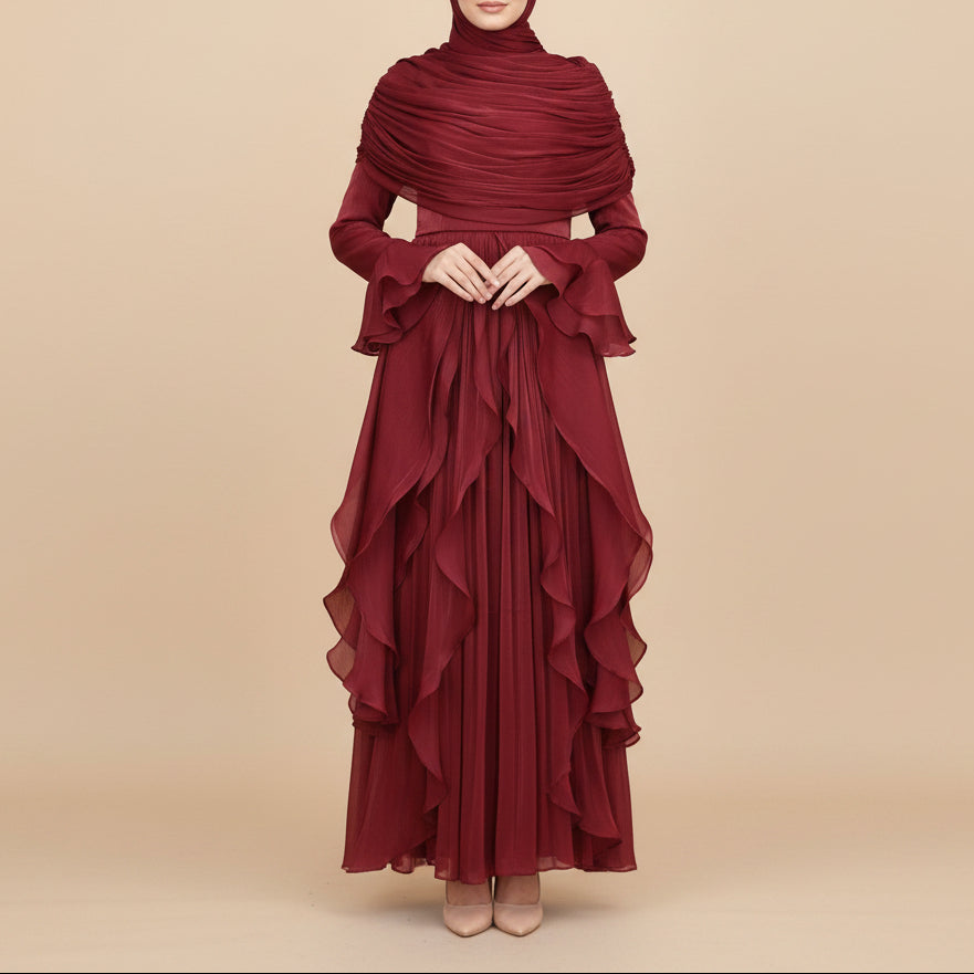 Elysian Pleated Ruffle Evening Abaya Dress