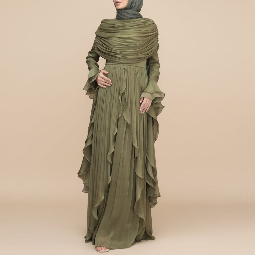 Elysian Pleated Ruffle Evening Abaya Dress