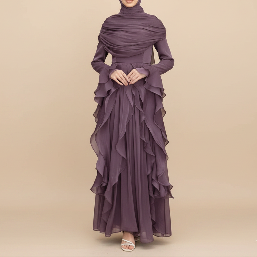 Elysian Pleated Ruffle Evening Abaya Dress