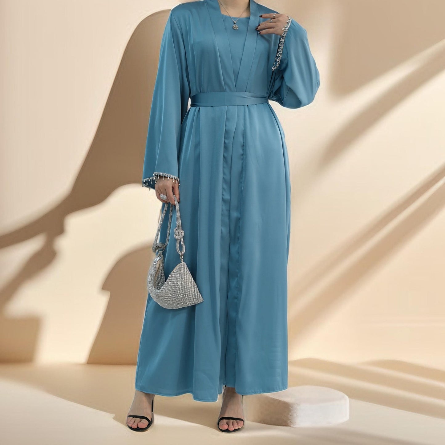 Amira:Embellished Abaya with Beaded Belt and Sleeves - Try Modest Limited 