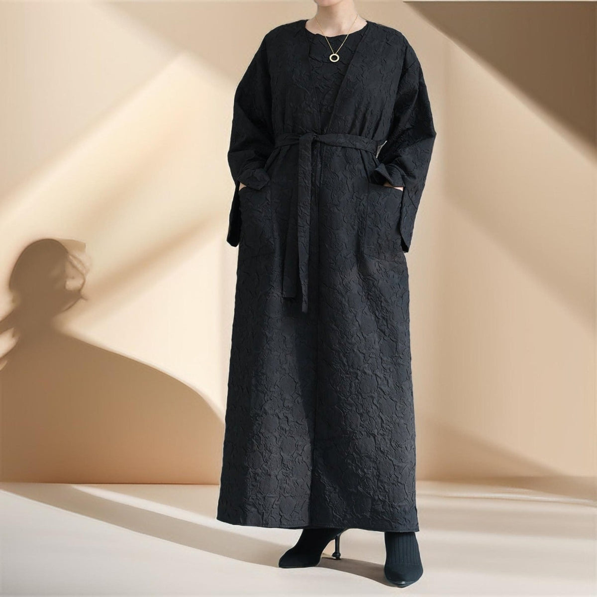 Embossed Winter Abaya Robe with Vest - Try Modest Limited
