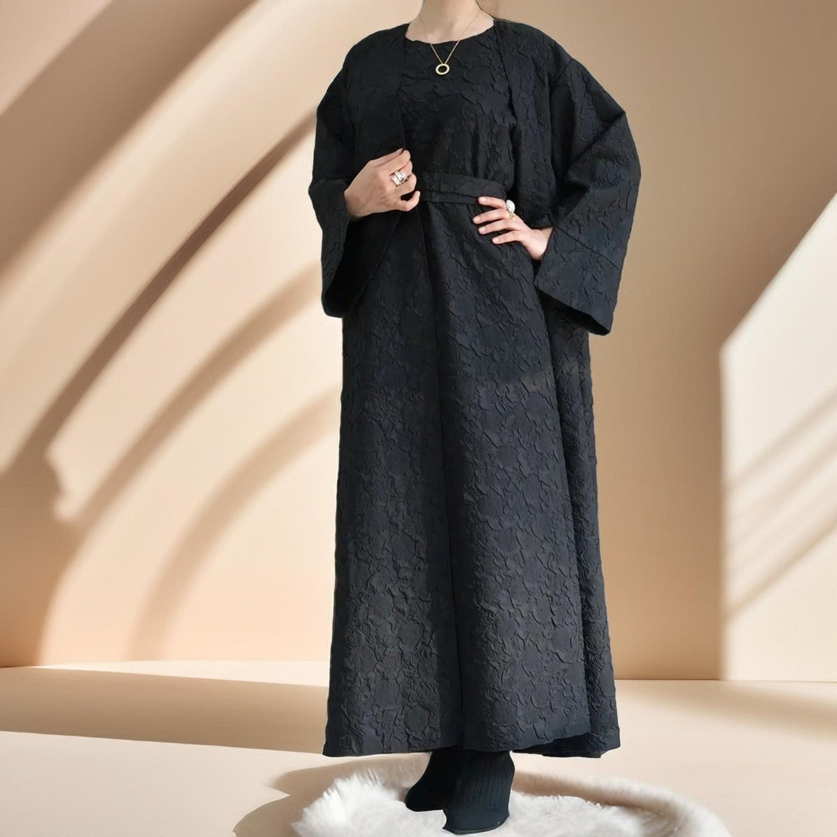 Embossed Winter Abaya Robe with Vest - Try Modest Limited