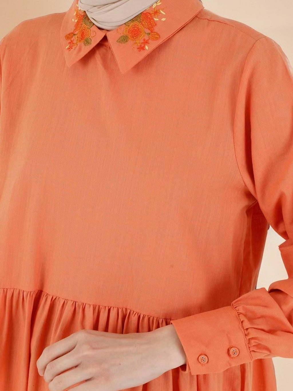 Embroidered collar lantern sleeve dress - Try Modest Limited