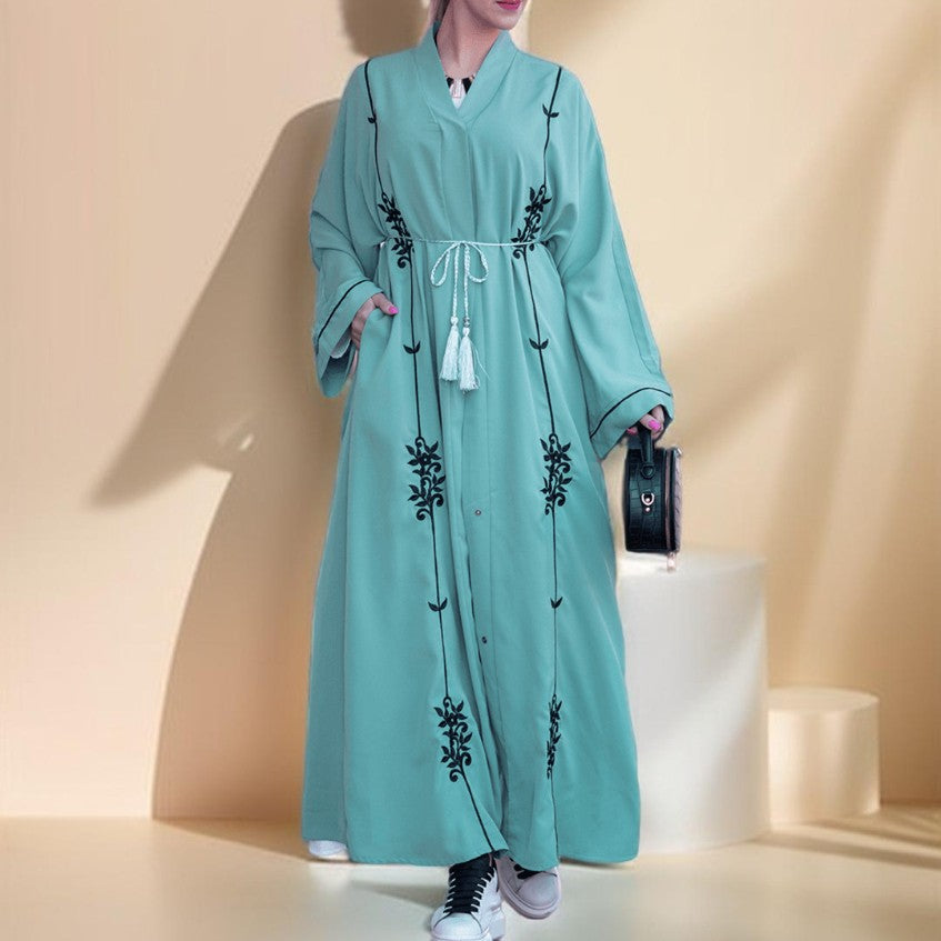 Embroidered evening abaya with tassel belt - Try Modest Limited