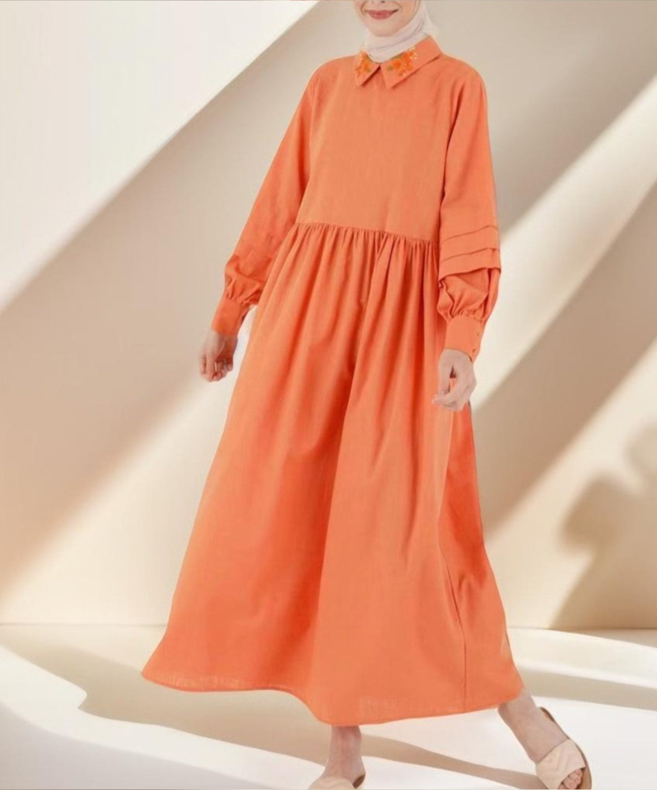 Embroidered collar lantern sleeve dress - Try Modest Limited 