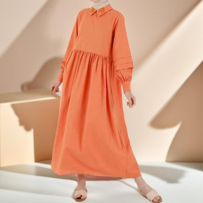 Embroidered collar lantern sleeve dress - Try Modest Limited 