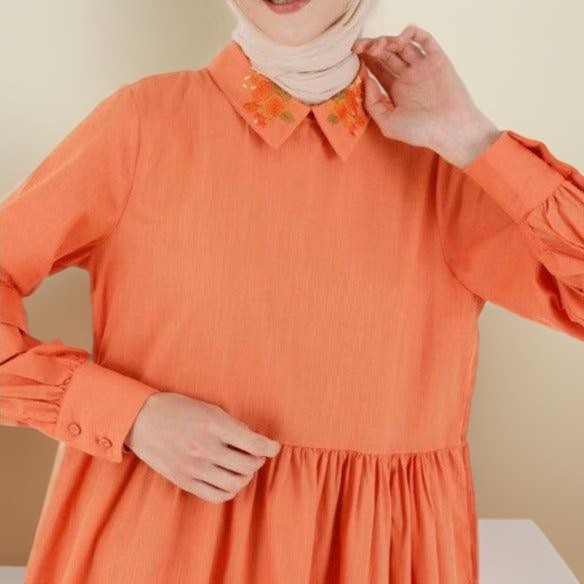 Embroidered collar lantern sleeve dress - Try Modest Limited 