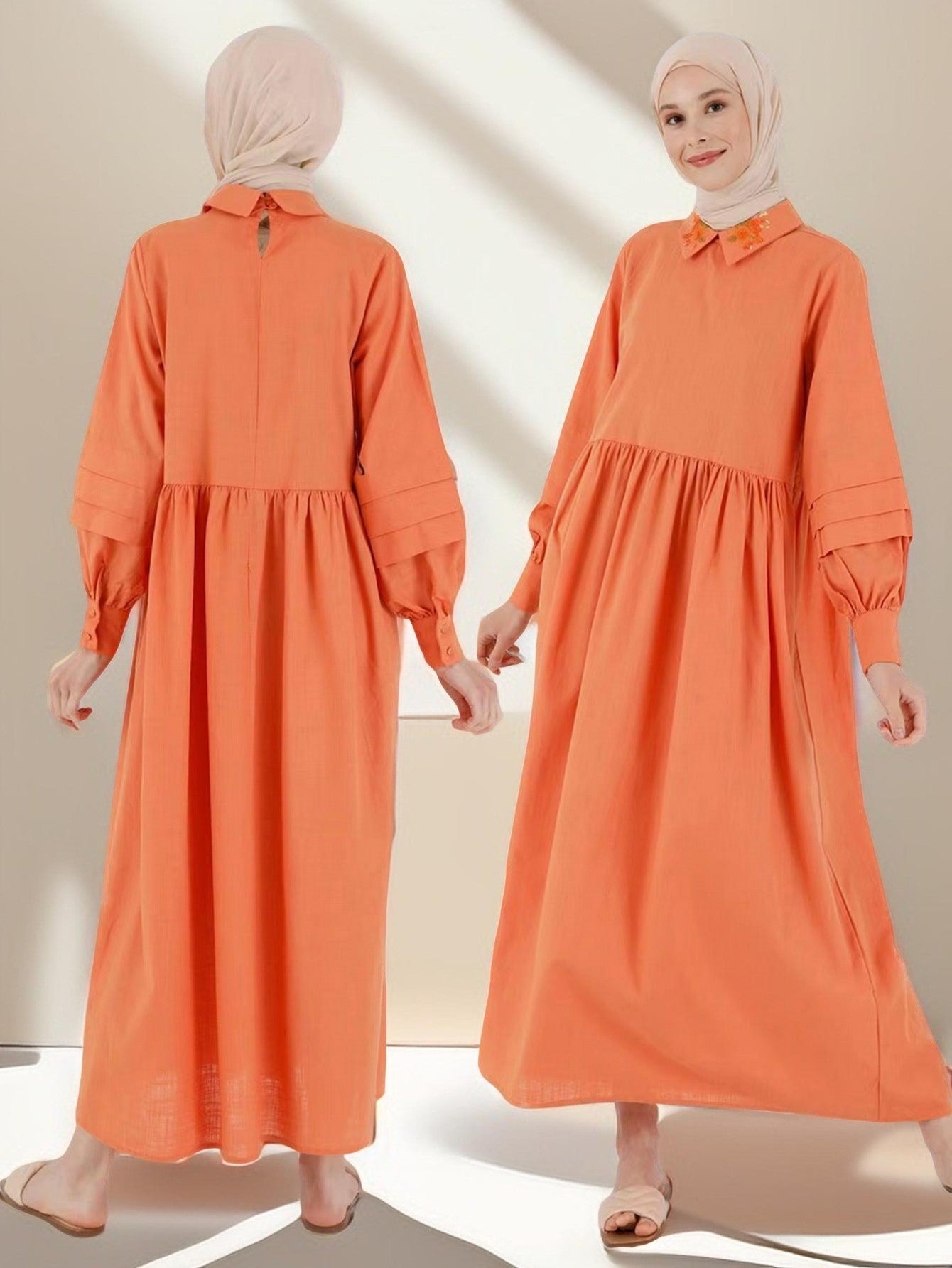 Embroidered collar lantern sleeve dress - Try Modest Limited 