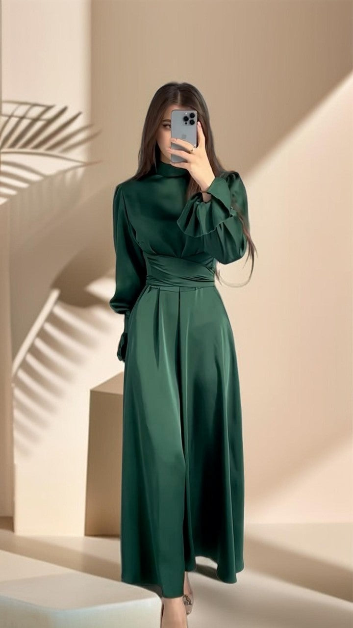 Emerald Embrace: Puff sleeves evening dress - Try Modest Limited