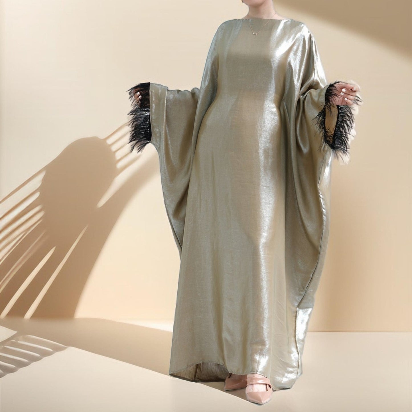 Evening batwing abaya dress with feather sleeves - Try Modest Limited 