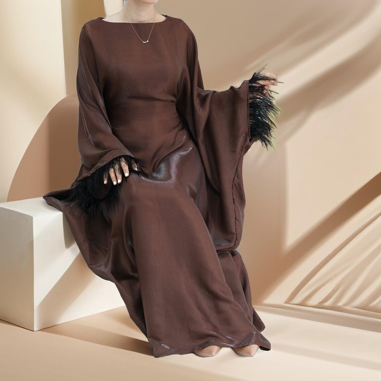 Evening batwing abaya dress with feather sleeves - Try Modest Limited 