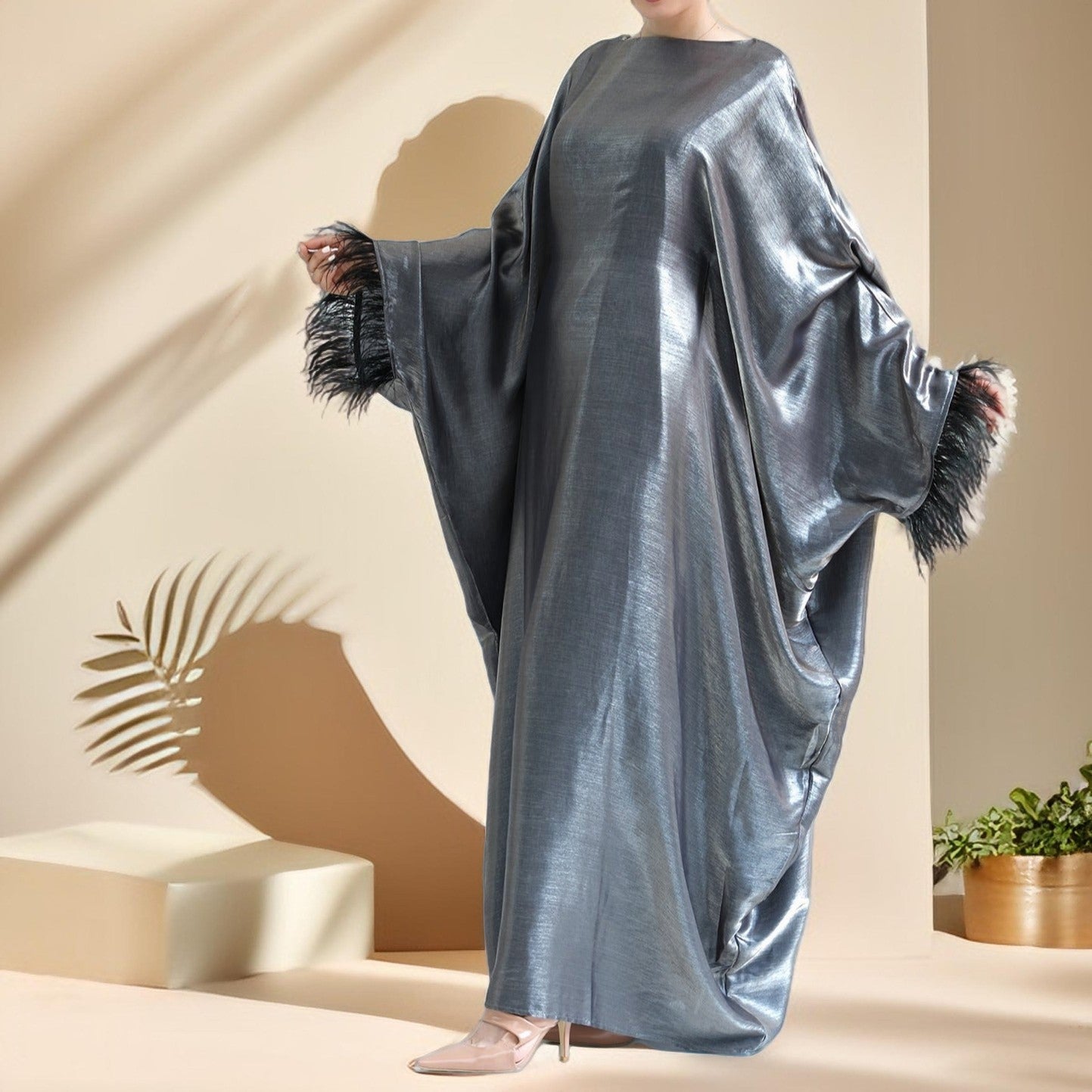 Evening batwing abaya dress with feather sleeves - Try Modest Limited 