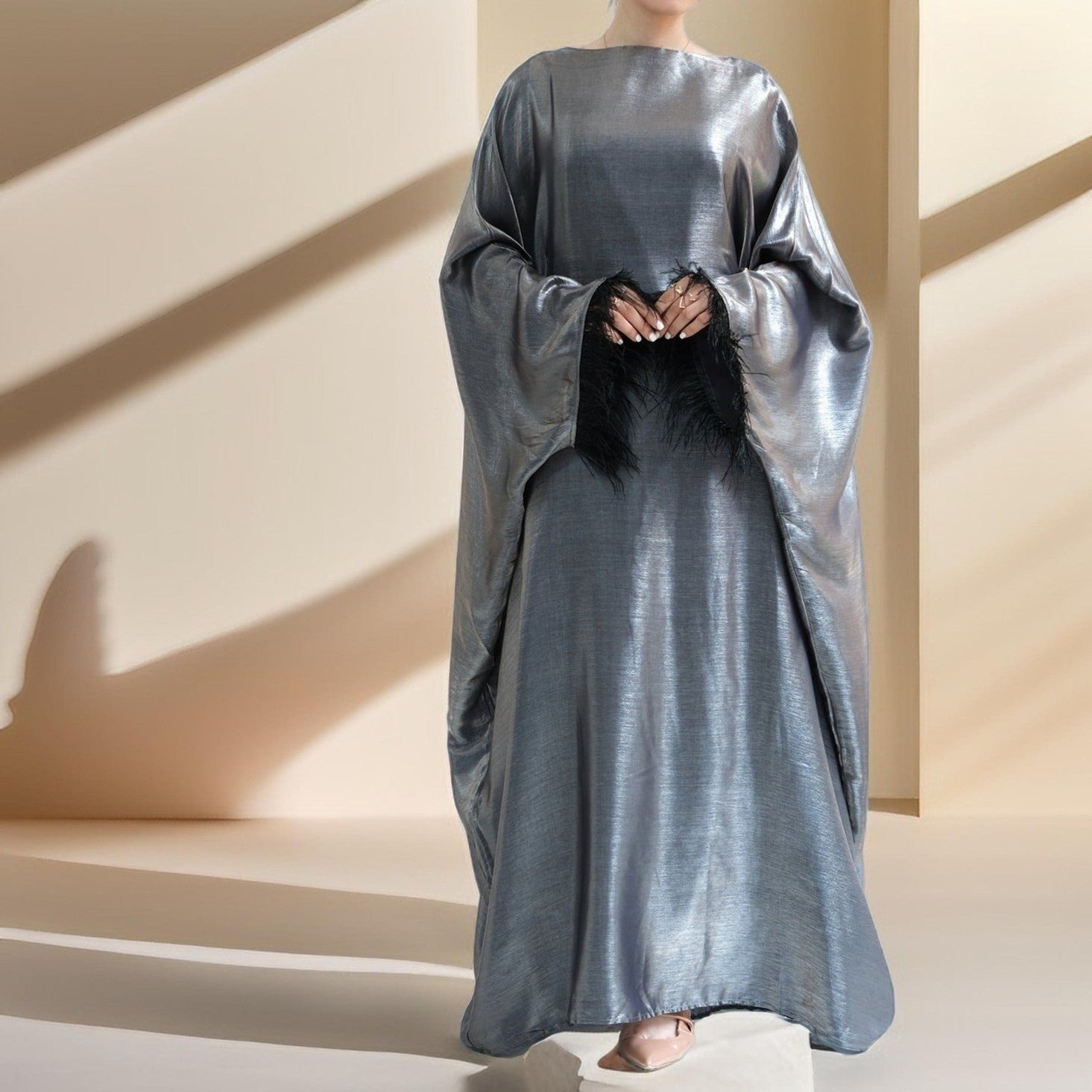 Evening batwing abaya dress with feather sleeves - Try Modest Limited 