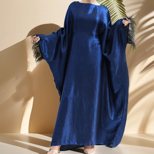 Evening batwing abaya dress with feather sleeves - Try Modest Limited 