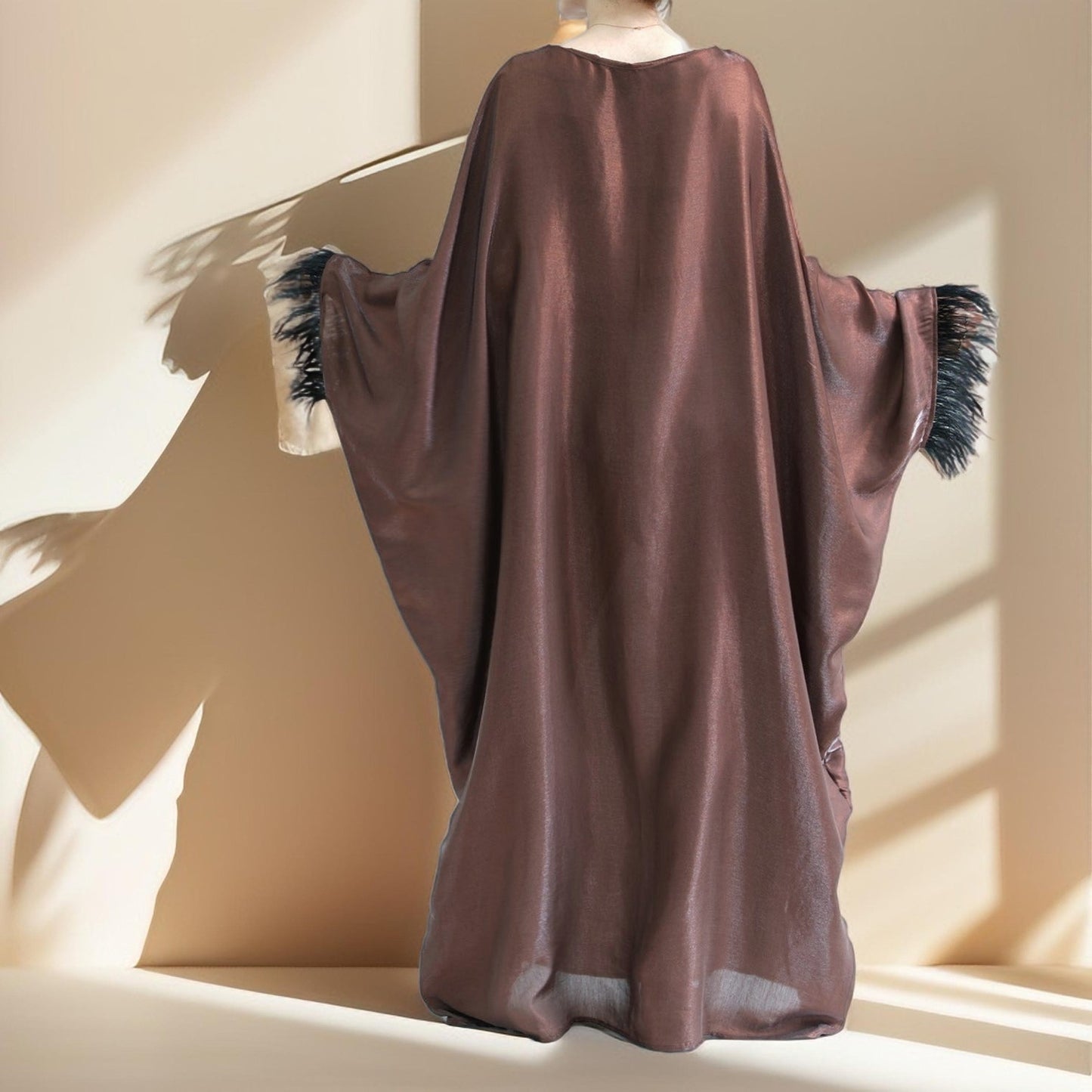 Evening batwing abaya dress with feather sleeves - Try Modest Limited 
