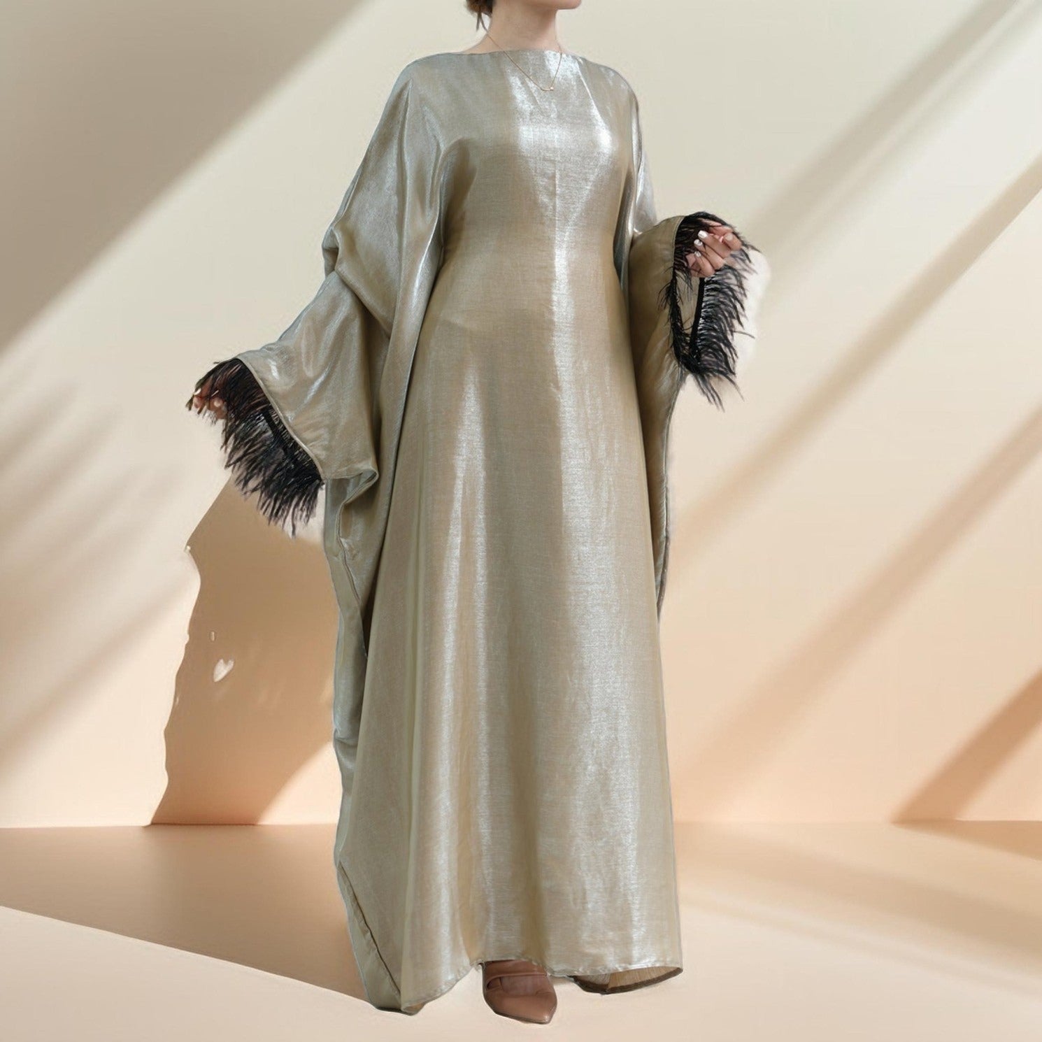 Evening batwing abaya dress with feather sleeves - Try Modest Limited 
