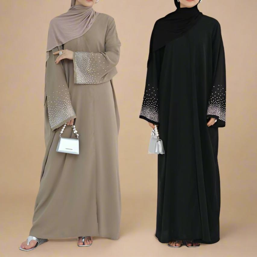 Glamorous Nights: Button-Down Abaya with Rhinestone Sleeves - Try Modest Limited