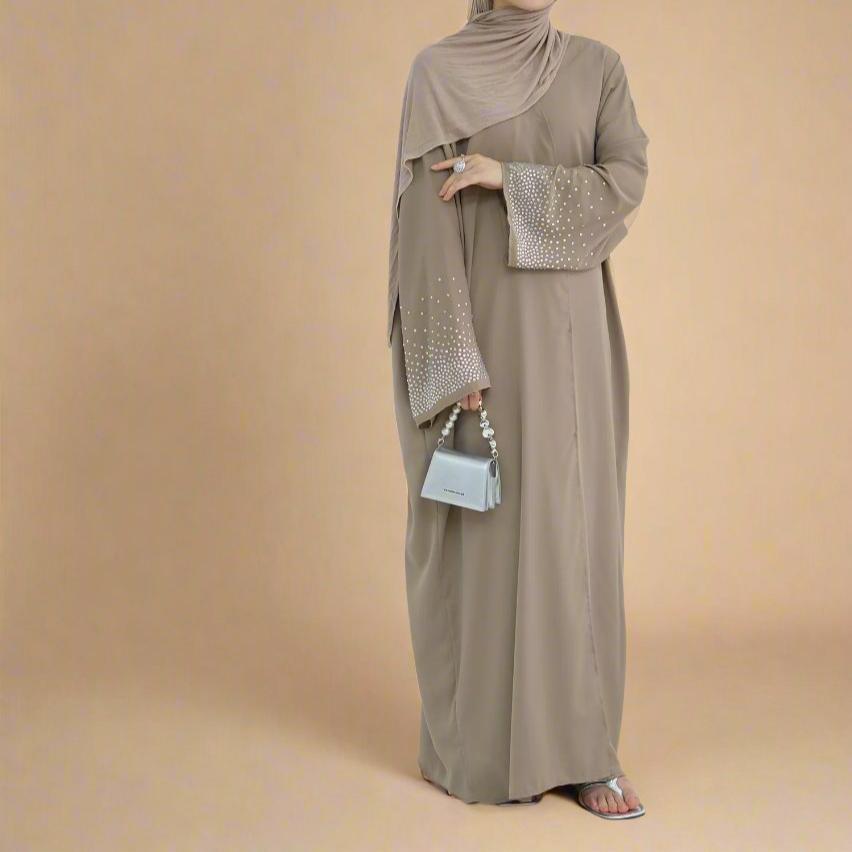 Glamorous Nights: Button-Down Abaya with Rhinestone Sleeves Try Modest Limited