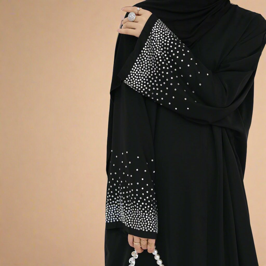 Glamorous Nights: Button-Down Abaya with Rhinestone Sleeves Try Modest Limited