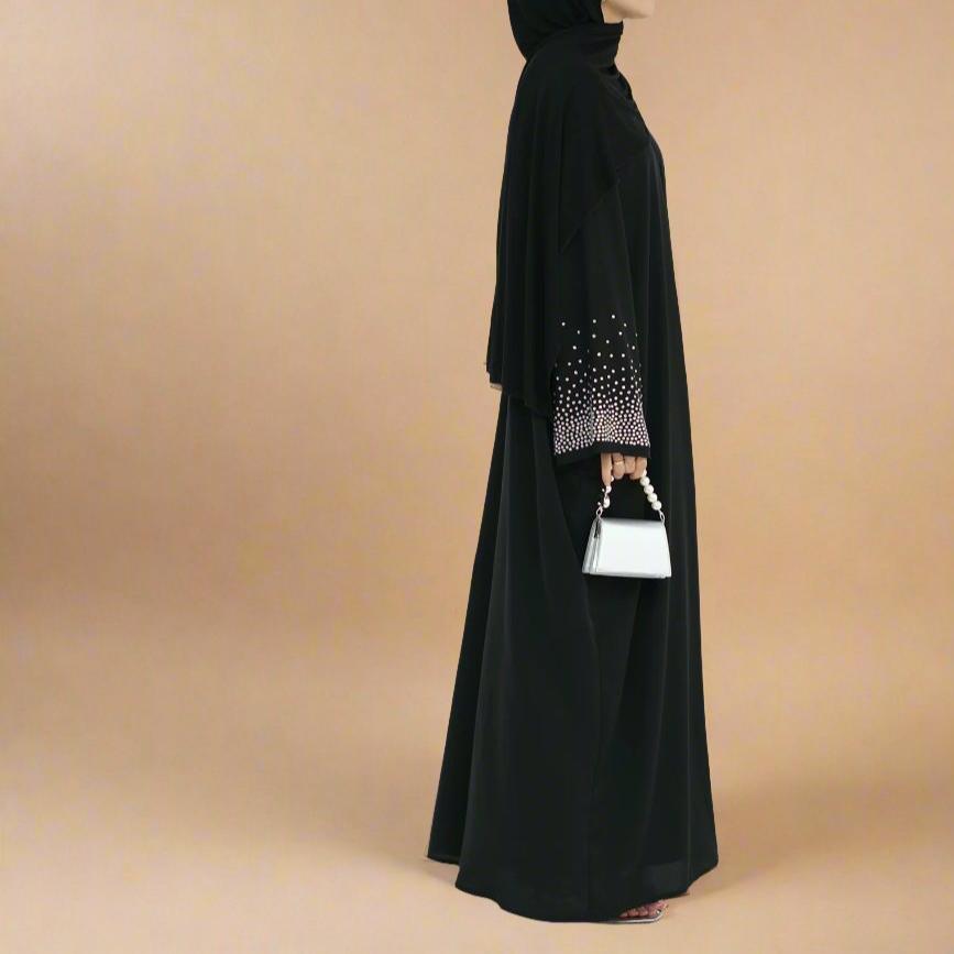 Glamorous Nights: Button-Down Abaya with Rhinestone Sleeves Try Modest Limited